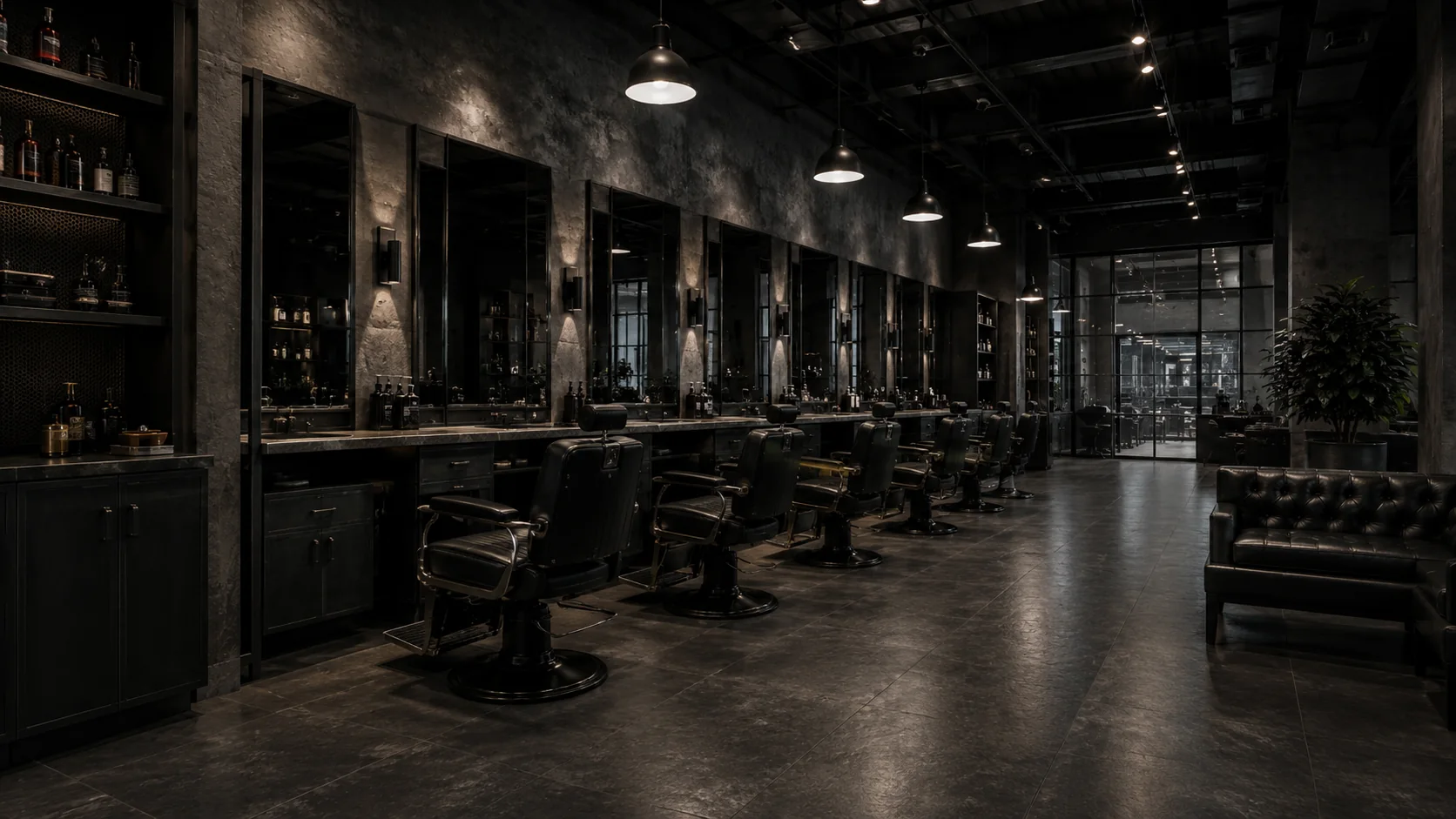 Interior da barbearia com concreto, aço, espelhos e iluminação controlada